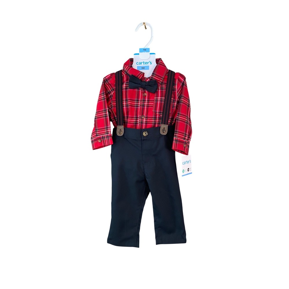 Carter's 9M Baby Boy 4-Piece Red Plaid Shirt Navy Pants Suspender Set NWT
